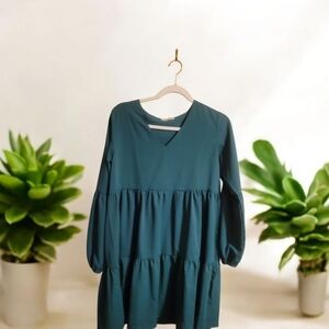 Green Long Sleeve Tiered Dress